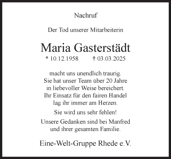 Traueranzeige von Maria Gasterstädt 