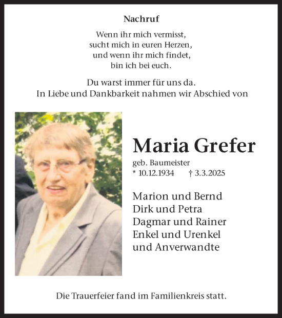 Traueranzeige von Maria Grefer von Ruhr Nachrichten und Dorstener Zeitung
