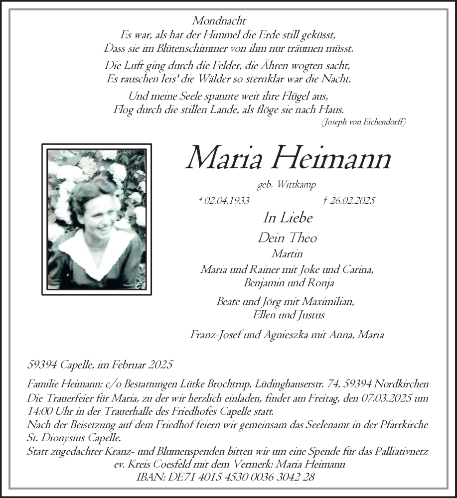 Traueranzeige für Maria Heimann vom 01.03.2025 aus Ruhr Nachrichten