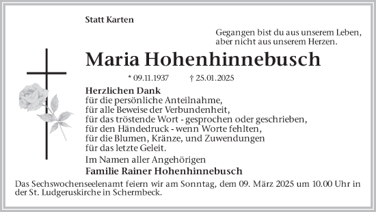 Traueranzeige von Maria Hohenhinnebusch von Ruhr Nachrichten und Dorstener Zeitung