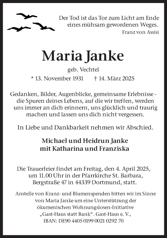 Traueranzeige von Maria Janke von Ruhr Nachrichten