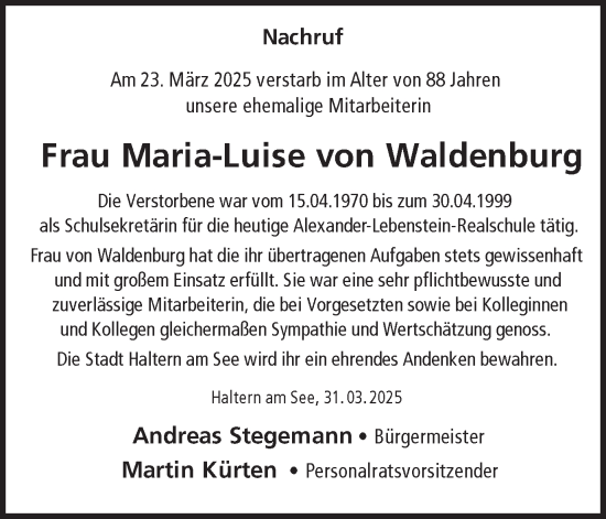 Traueranzeige von Maria-Luise von Waldenburg von Ruhr Nachrichten und Halterner Zeitung