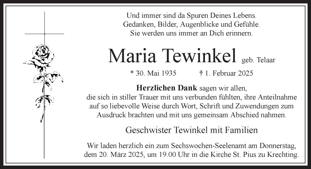  Traueranzeige für Maria Tewinkel vom 17.03.2025 aus 