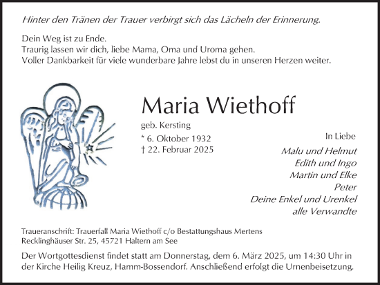 Traueranzeige von Maria Wiethoff von Ruhr Nachrichten und Halterner Zeitung