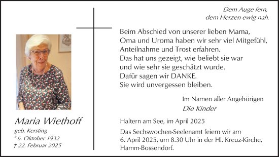 Traueranzeige von Maria Wiethoff von Ruhr Nachrichten und Halterner Zeitung