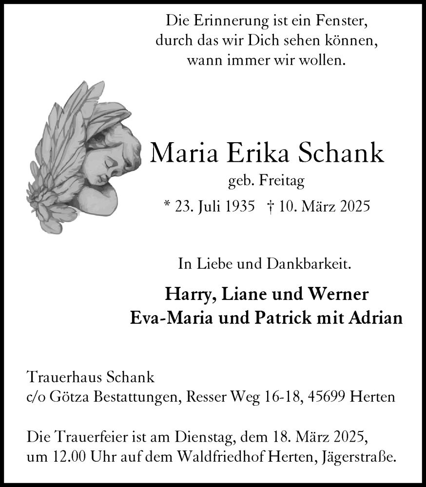  Traueranzeige für Maria Erika Schank vom 15.03.2025 aus Trauer Vest