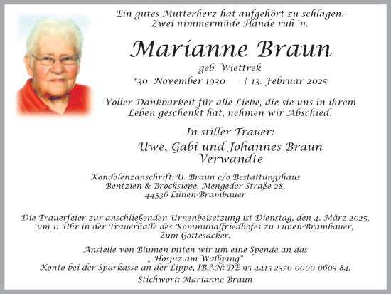 Traueranzeige von Marianne Braun von Lüner Anzeiger