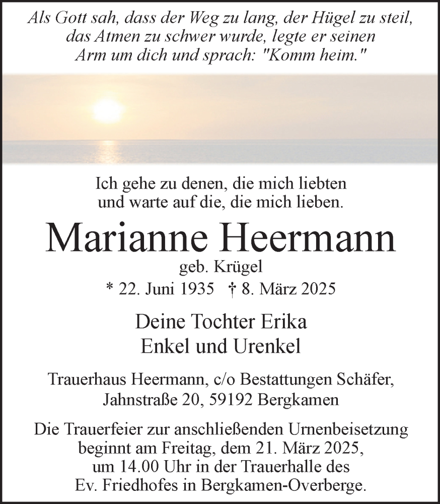  Traueranzeige für Marianne Heermann vom 15.03.2025 aus Hellweger Anzeiger
