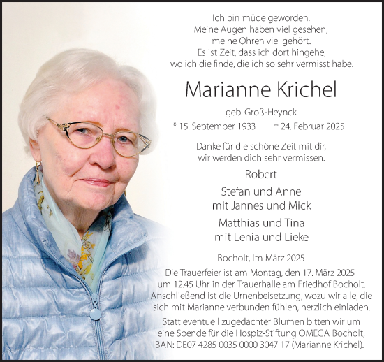 Traueranzeige von Marianne Krichel 