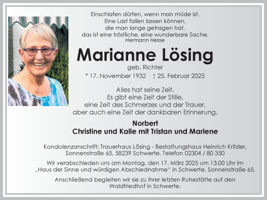 Traueranzeige von Marianne Lösing von Ruhr Nachrichten