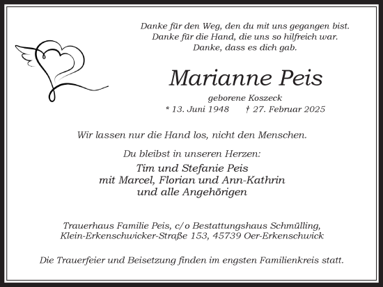 Traueranzeige von Marianne Peis von Trauer Vest