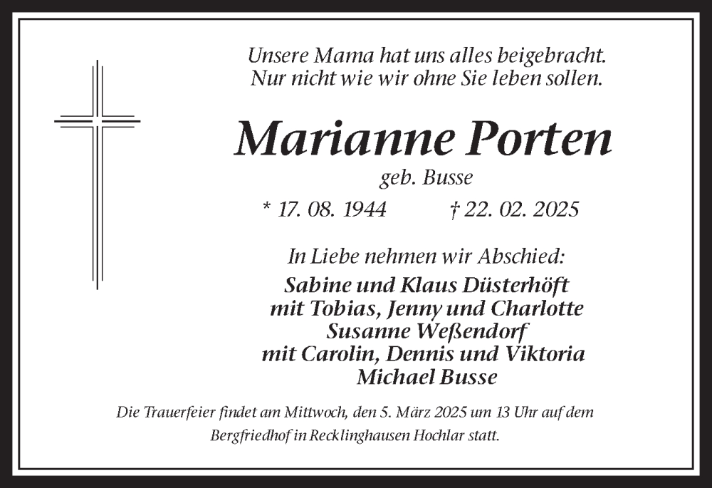  Traueranzeige für Marianne Porten vom 01.03.2025 aus Trauer Vest