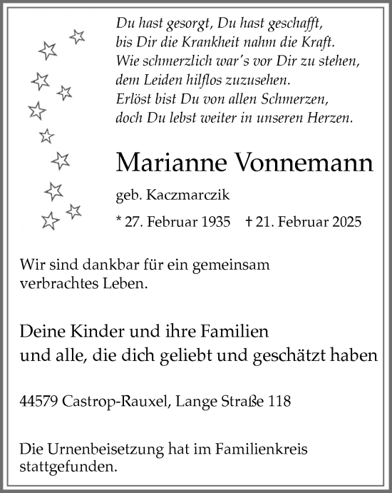 Traueranzeige von Marianne Vonnemann von Stadtanzeiger Castrop-Rauxel