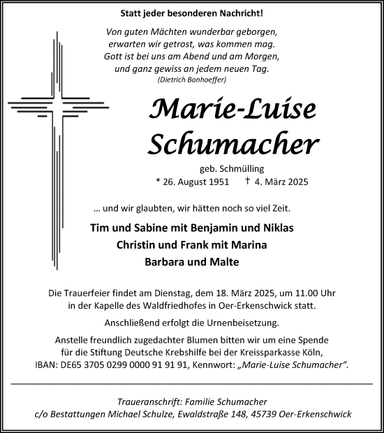 Traueranzeige von Marie-Luise Schumacher von Trauer Vest