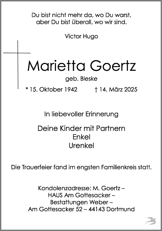Traueranzeige von Marietta Goertz von Ruhr Nachrichten