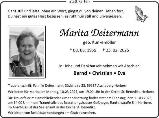 Traueranzeige von Marita Deitermann von Ruhr Nachrichten