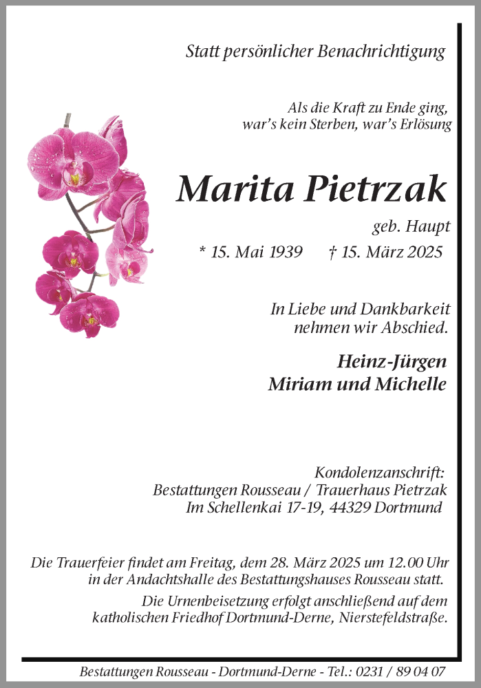  Traueranzeige für Marita Pietrzak vom 22.03.2025 aus Ruhr Nachrichten