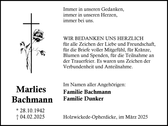 Traueranzeige von Marlies Bachmann von Hellweger Anzeiger
