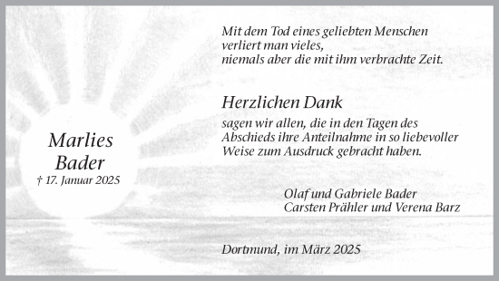 Traueranzeige von Marlies Bader von Ruhr Nachrichten