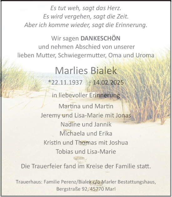 Traueranzeige von Marlies Bialek von Trauer Vest