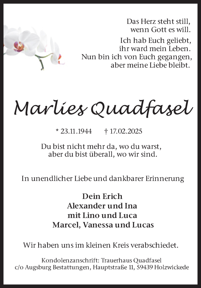  Traueranzeige für Marlies Quadfasel vom 08.03.2025 aus Hellweger Anzeiger