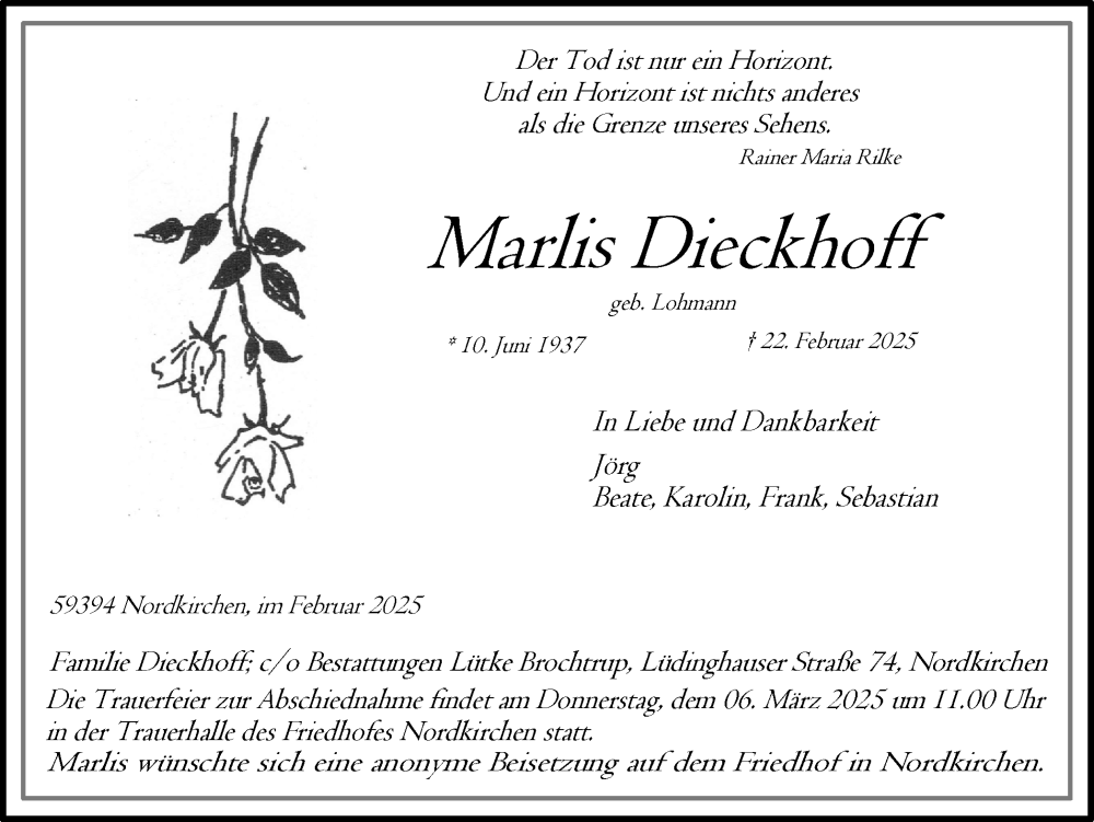  Traueranzeige für Marlis Dieckhoff vom 01.03.2025 aus Ruhr Nachrichten