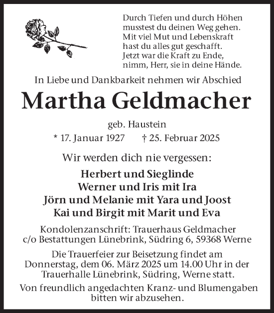 Traueranzeige von Martha Geldmacher von Ruhr Nachrichten