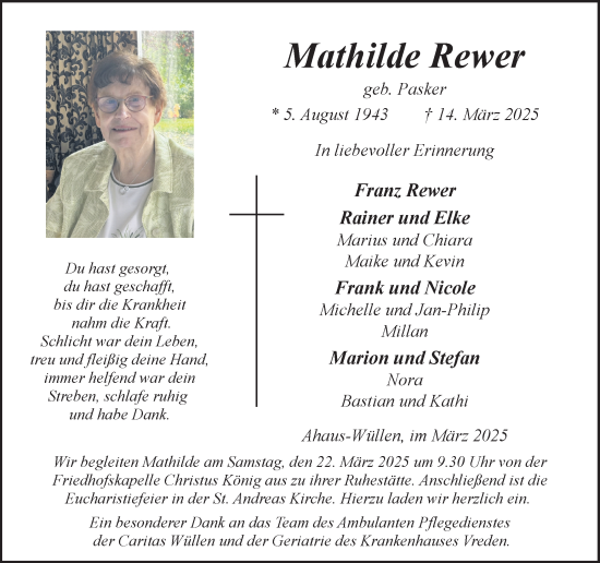 Traueranzeige von Mathilde Rewer von Münsterland Zeitung