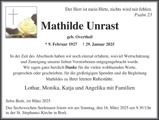 Traueranzeige von Mathilde Unrast von Ruhr Nachrichten