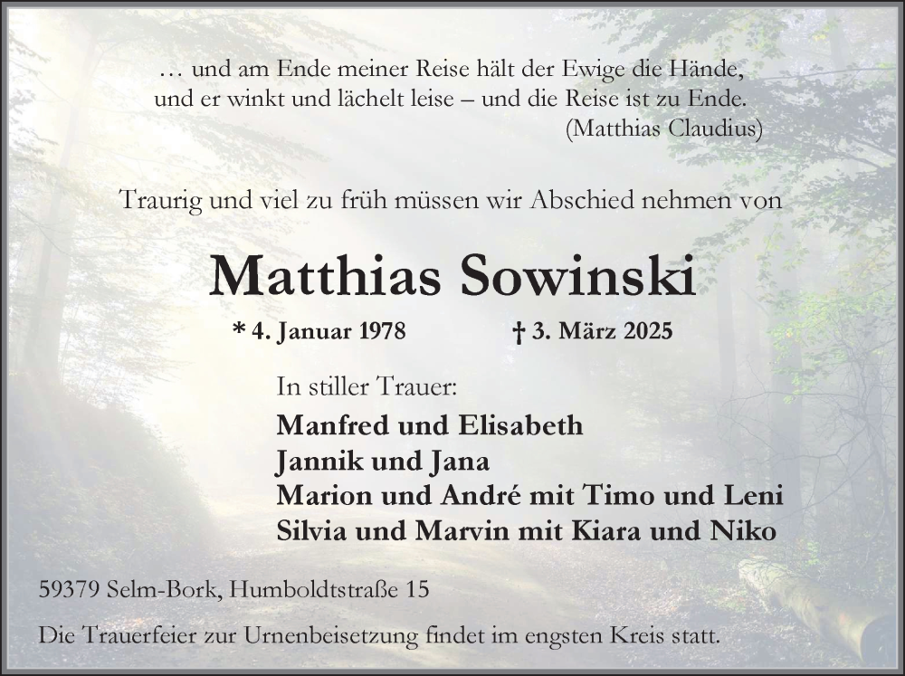  Traueranzeige für Matthias Sowinski vom 22.03.2025 aus Ruhr Nachrichten