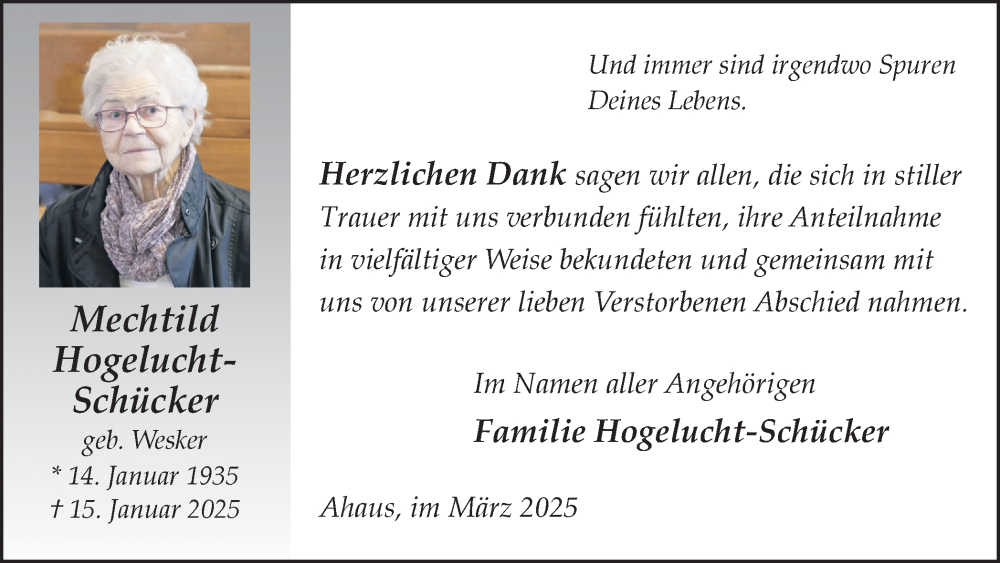  Traueranzeige für Mechtild Hogelucht-Schücker vom 01.03.2025 aus Münsterland Zeitung