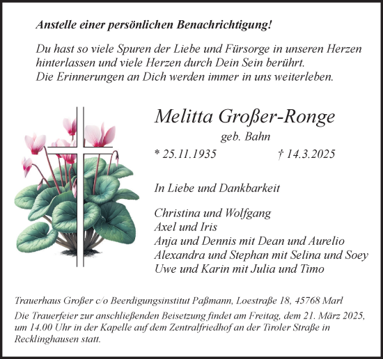 Traueranzeige von Melitta Großer-Ronge von Trauer Vest