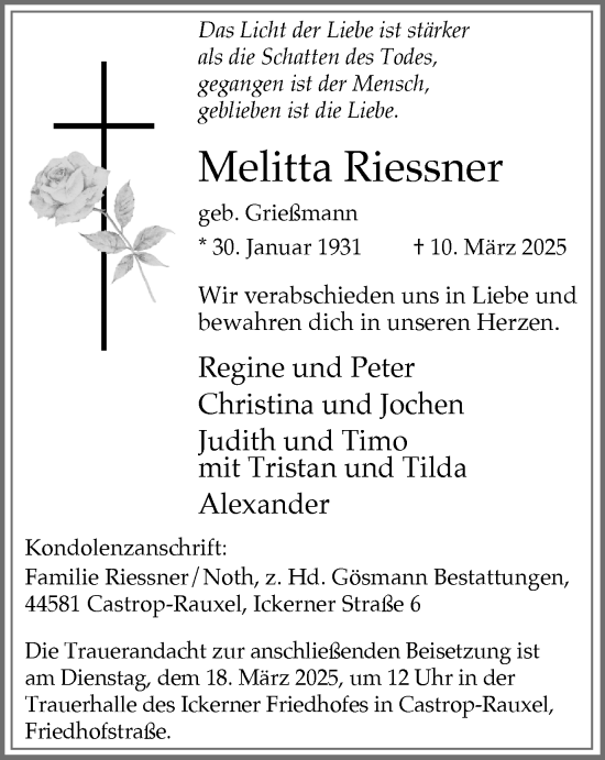 Traueranzeige von Melitta Riessner von Stadtanzeiger Castrop-Rauxel