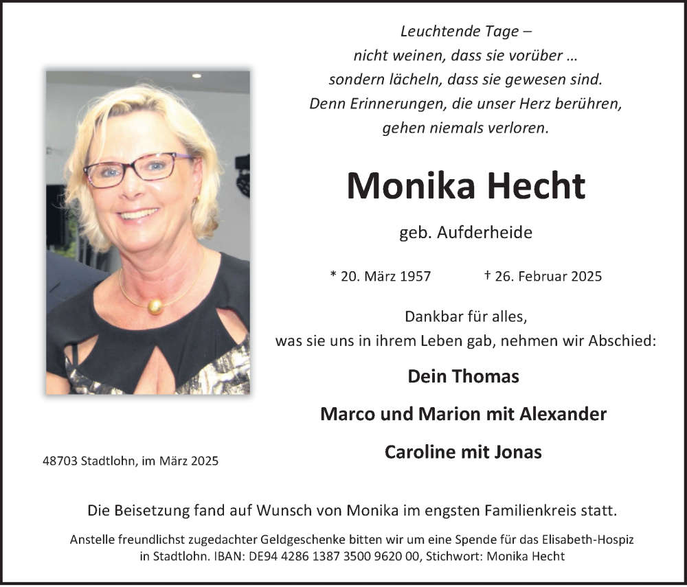 Traueranzeige für Monika Hecht vom 11.03.2025 aus Münsterland Zeitung