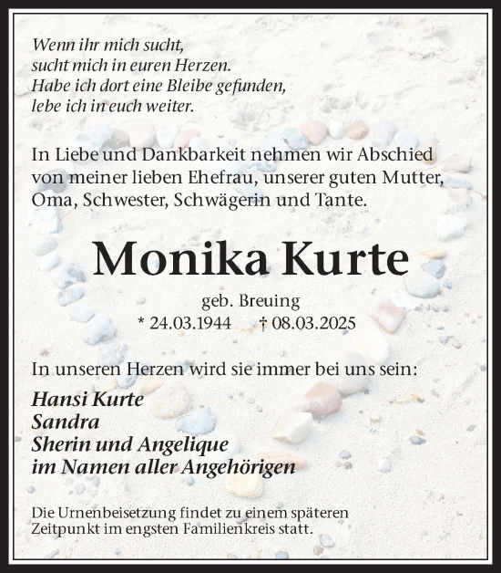 Traueranzeige von Monika Kurte von Trauer Vest