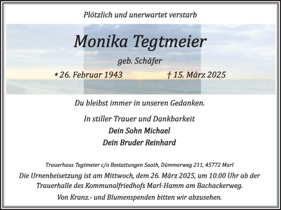 Traueranzeige von Monika Tegtmeier von Trauer Vest