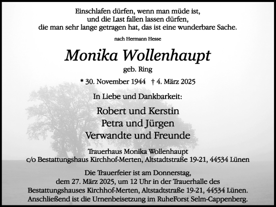 Traueranzeige von Monika Wollenhaupt von Ruhr Nachrichten