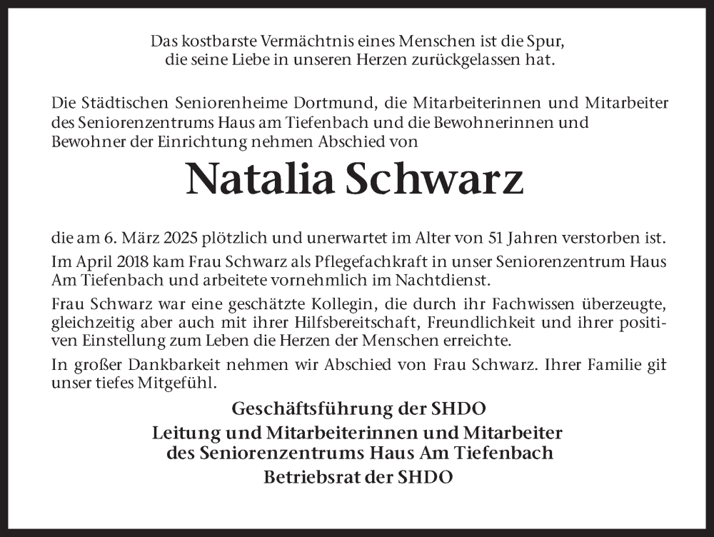  Traueranzeige für Natalia Schwarz vom 15.03.2025 aus Ruhr Nachrichten