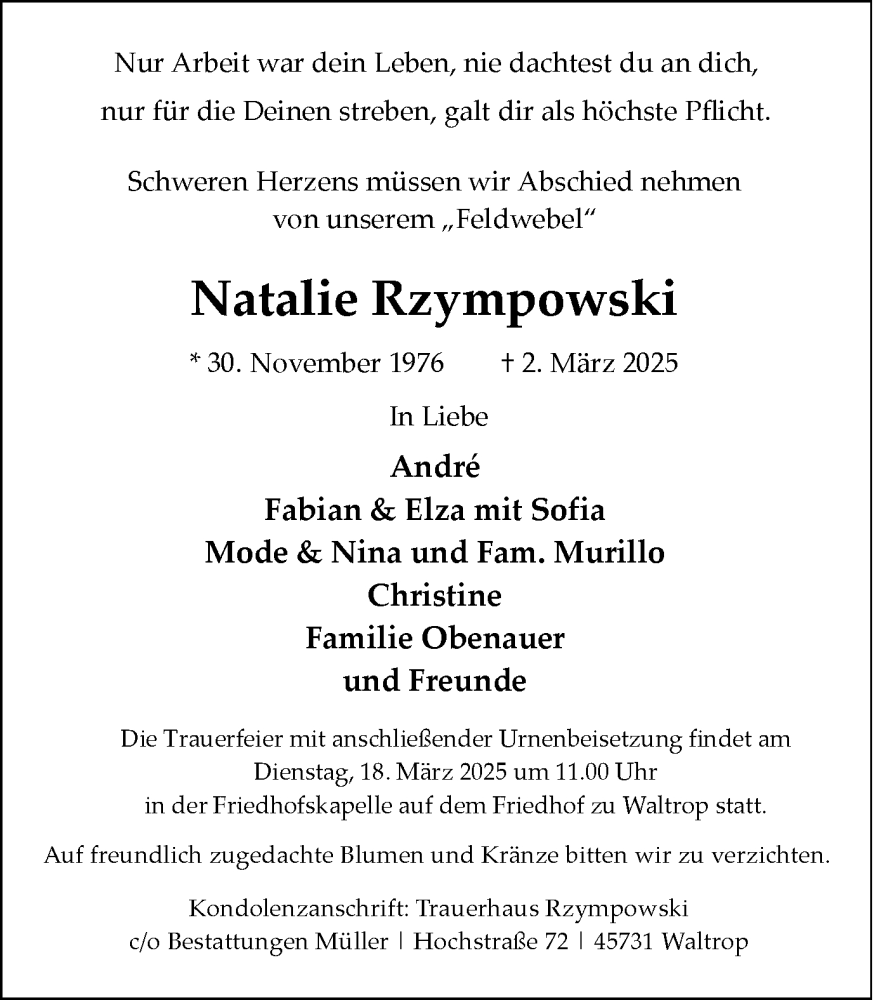  Traueranzeige für Natalie Rzympowski vom 12.03.2025 aus Trauer Vest