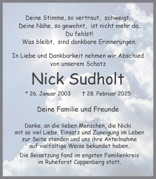 Traueranzeige von Nick Sudholt von Ruhr Nachrichten