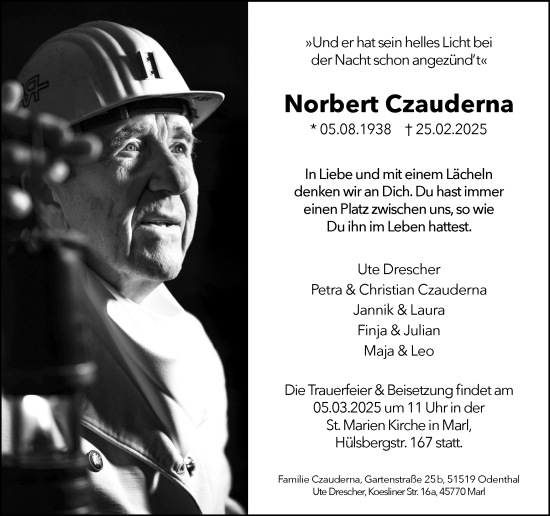 Traueranzeige von Norbert Czauderna von Trauer Vest