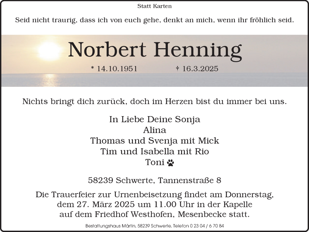  Traueranzeige für Norbert Henning vom 22.03.2025 aus Ruhr Nachrichten