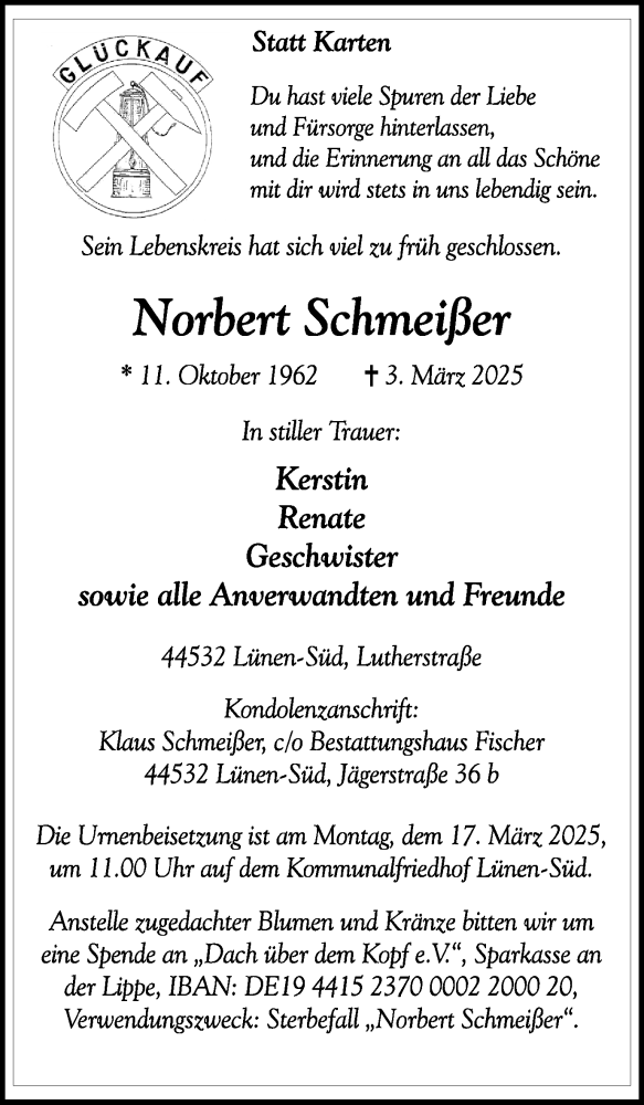  Traueranzeige für Norbert Schmeißer vom 08.03.2025 aus Ruhr Nachrichten