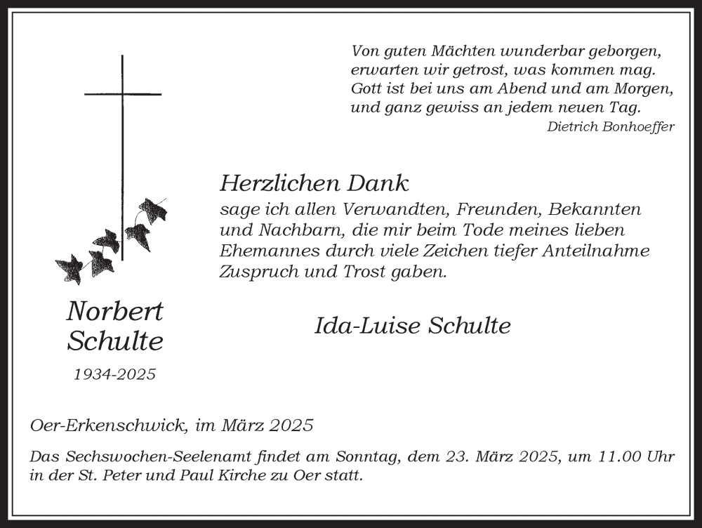  Traueranzeige für Norbert Schulte vom 15.03.2025 aus Trauer Vest