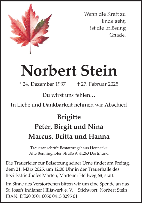 Traueranzeige von Norbert Stein von Ruhr Nachrichten