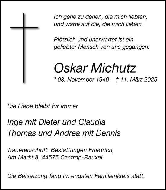 Traueranzeige von Oskar Michutz von Stadtanzeiger Castrop-Rauxel