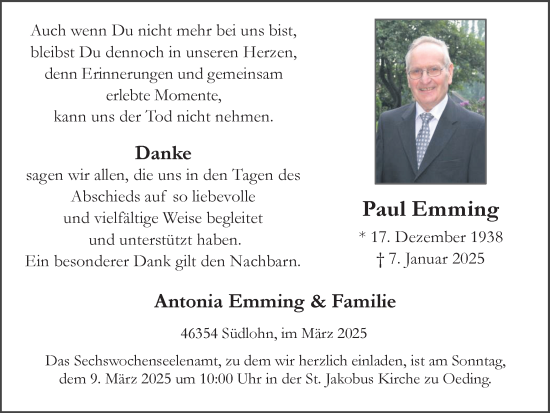 Traueranzeige von Paul Emming von Münsterland Zeitung