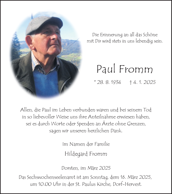 Traueranzeige von Paul Fromm von Ruhr Nachrichten und Dorstener Zeitung