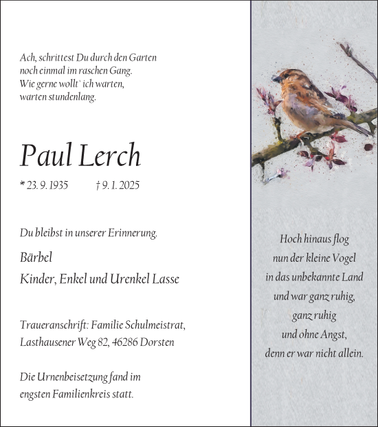 Traueranzeige von Paul Lerch von Ruhr Nachrichten und Dorstener Zeitung