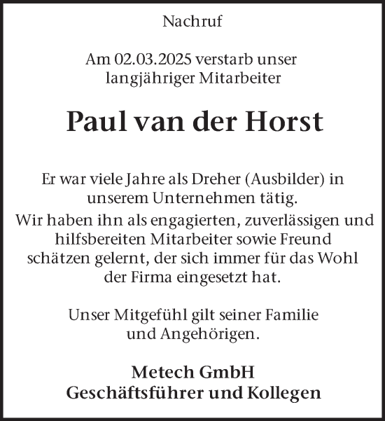 Traueranzeige von Paul van der Horst 